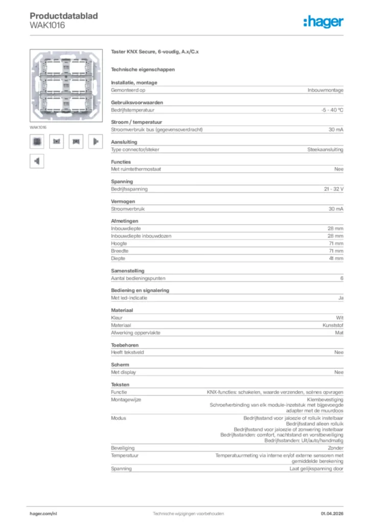 Afbeelding Hager Productdatablad WAK1016 | Hager Nederland