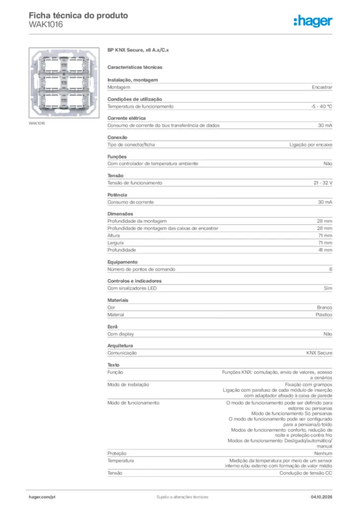 Imagem Hager Ficha técnica do produto WAK1016 | Hager Portugal