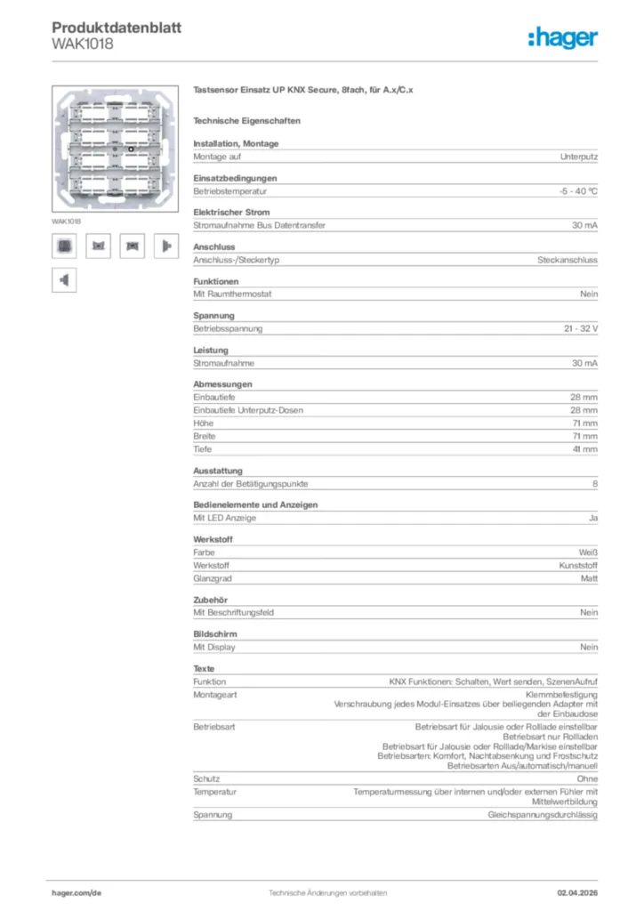 Bild Hager Produktdatenblatt WAK1018 | Hager Deutschland