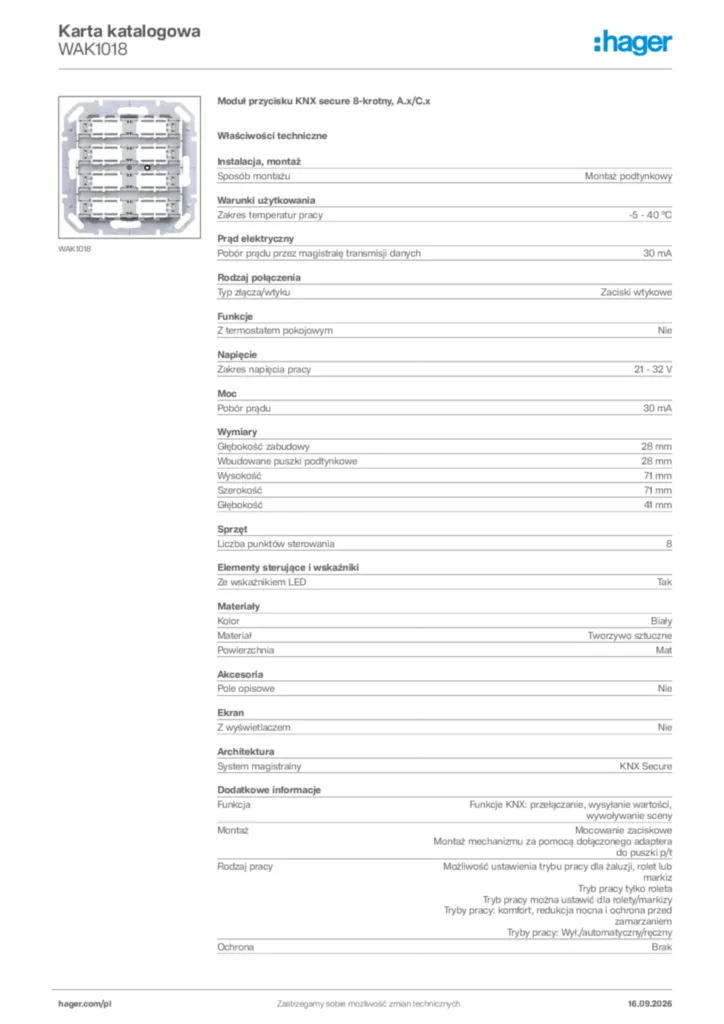 Zdjęcie Hager Karta katalogowa WAK1018 | Hager Polska