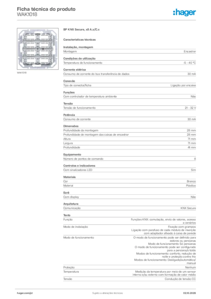 Imagem Hager Ficha técnica do produto WAK1018 | Hager Portugal