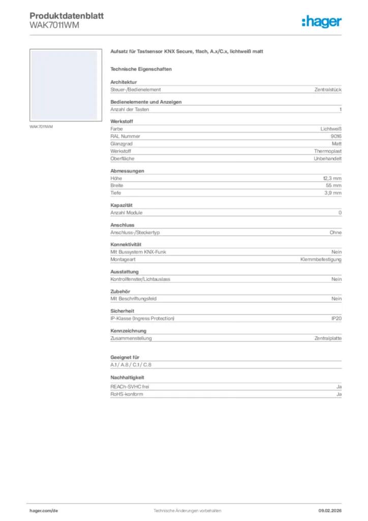 Bild Hager Produktdatenblatt WAK7011WM | Hager Deutschland