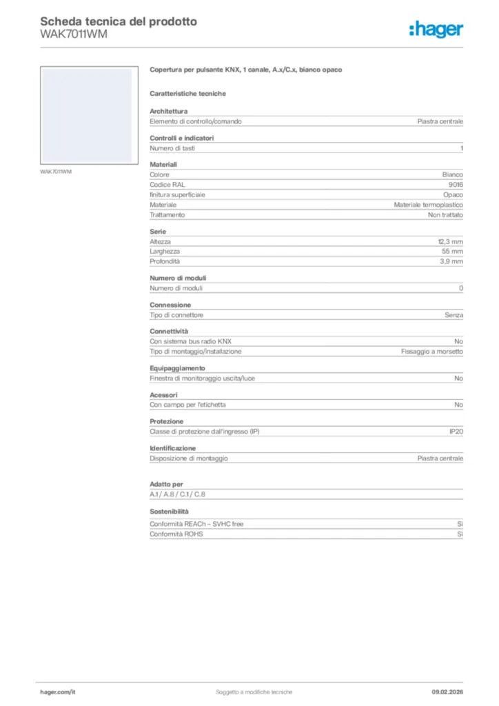Immagine Hager Scheda tecnica del prodotto WAK7011WM | Hager Italia
