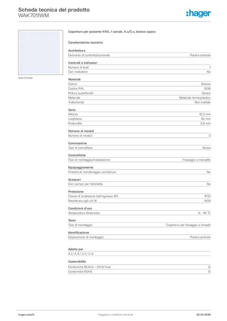 Immagine Hager Scheda tecnica del prodotto WAK7011WM | Hager Italia