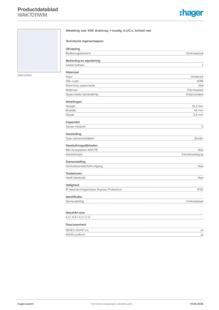 Afbeelding Hager Productdatablad WAK7011WM | Hager Nederland