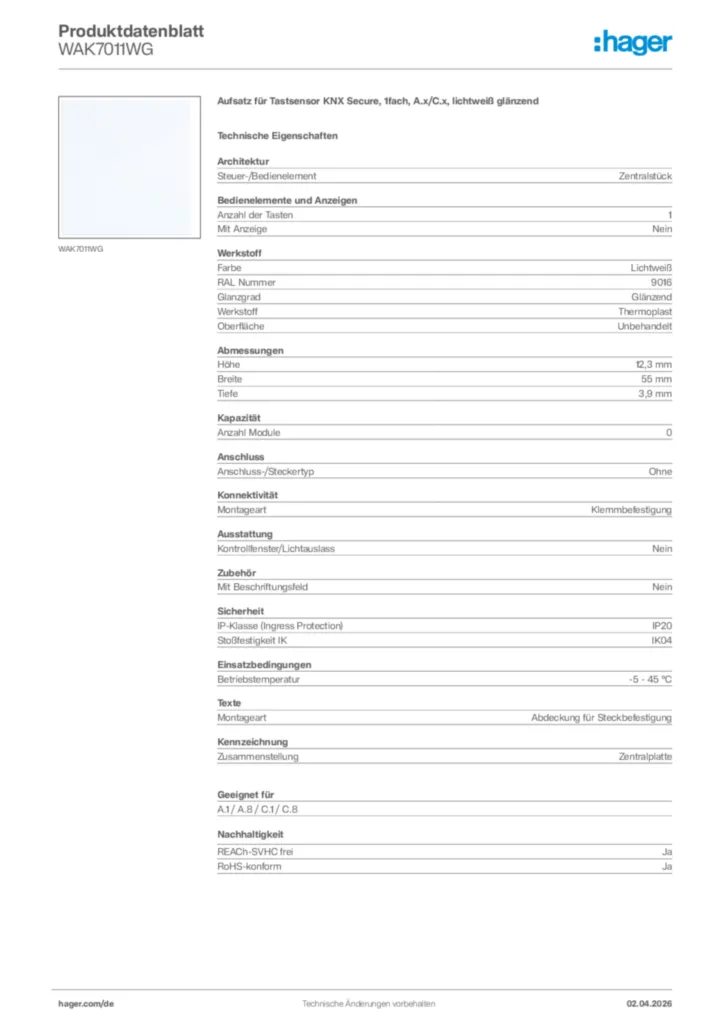Bild Hager Produktdatenblatt WAK7011WG | Hager Deutschland