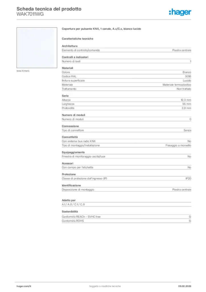 Immagine Hager Scheda tecnica del prodotto WAK7011WG | Hager Italia