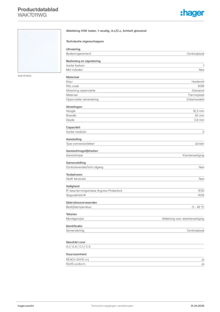 Afbeelding Hager Productdatablad WAK7011WG | Hager Nederland