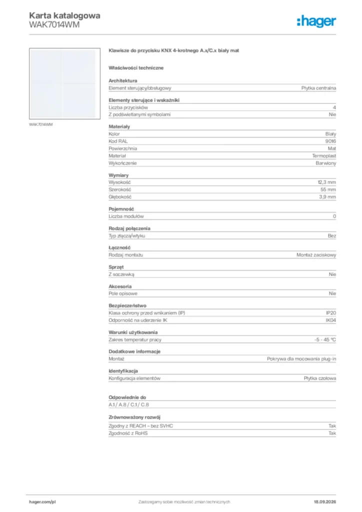 Zdjęcie Hager Karta katalogowa WAK7014WM | Hager Polska