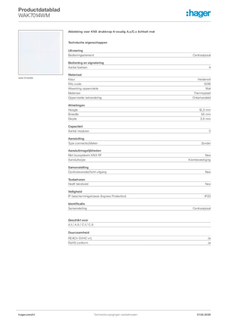 Afbeelding Hager Productdatablad WAK7014WM | Hager Nederland