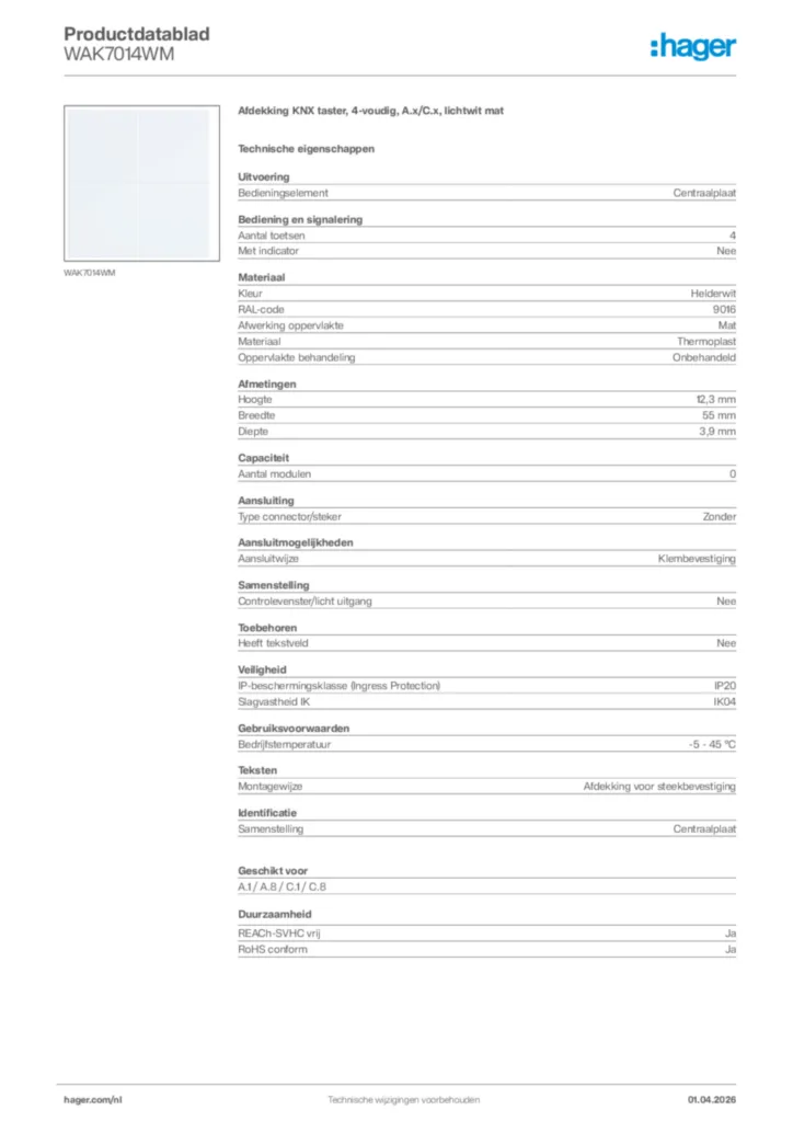 Afbeelding Hager Productdatablad WAK7014WM | Hager Nederland