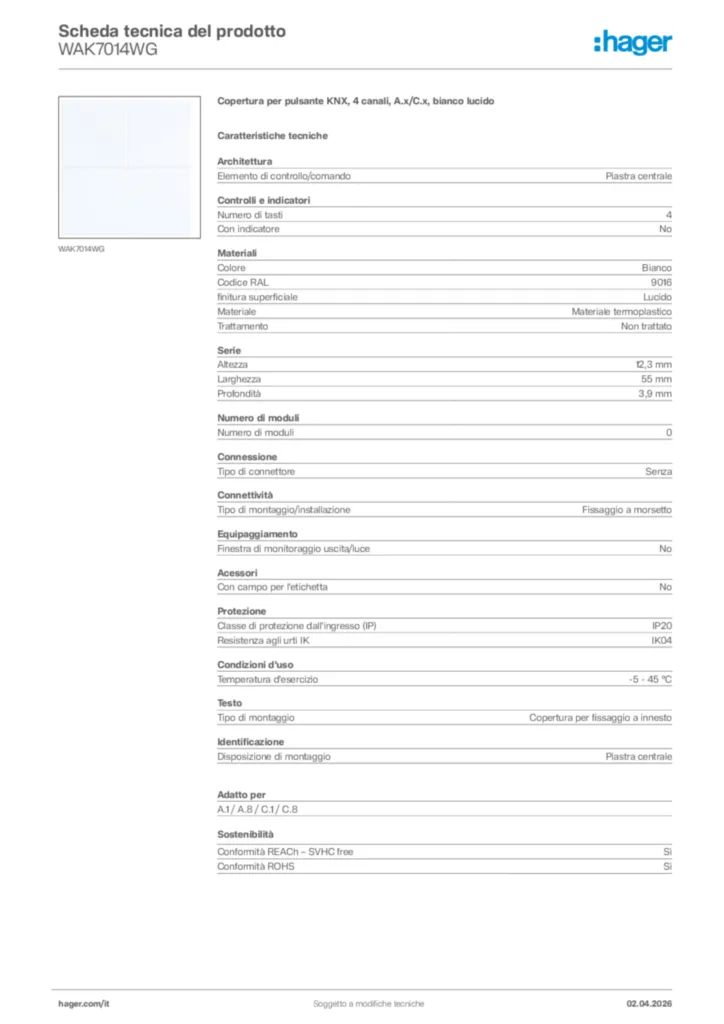 Immagine Hager Scheda tecnica del prodotto WAK7014WG | Hager Italia