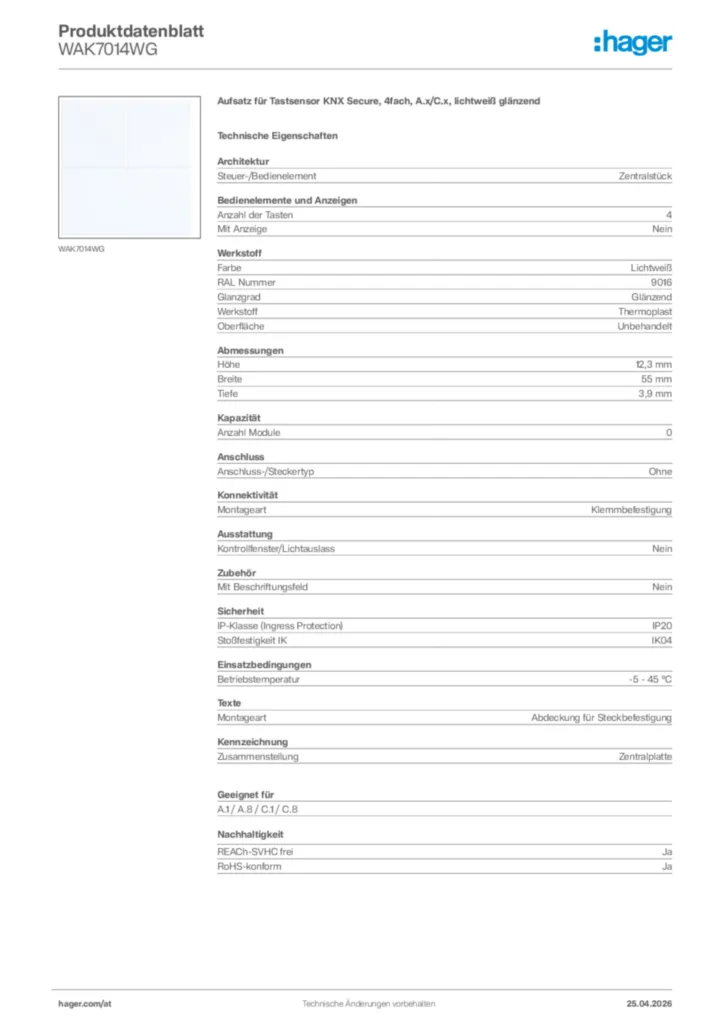 Bild Hager Produktdatenblatt WAK7014WG | Hager Deutschland