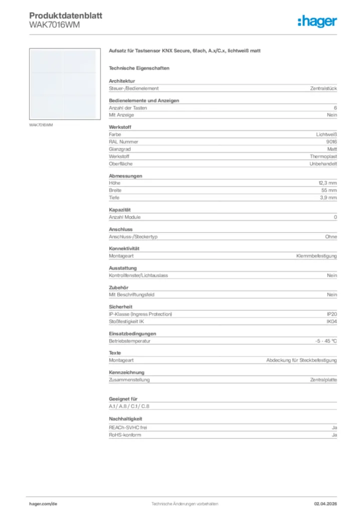 Bild Hager Produktdatenblatt WAK7016WM | Hager Deutschland