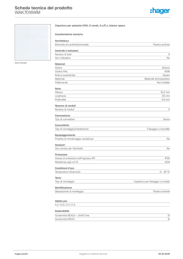 Immagine Hager Scheda tecnica del prodotto WAK7016WM | Hager Italia