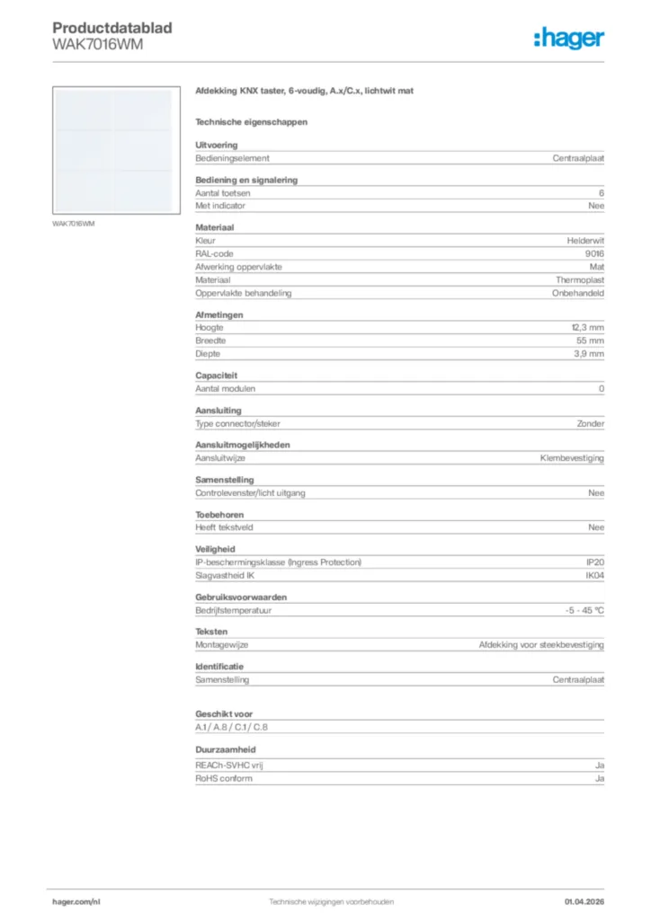 Afbeelding Hager Productdatablad WAK7016WM | Hager Nederland