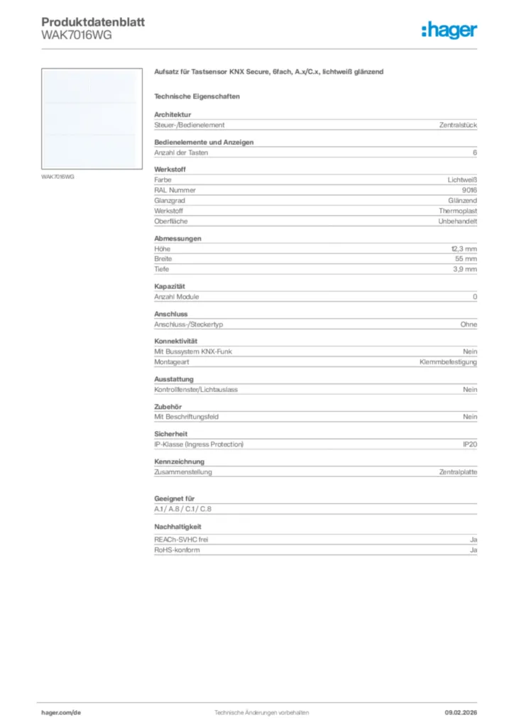Bild Hager Produktdatenblatt WAK7016WG | Hager Deutschland