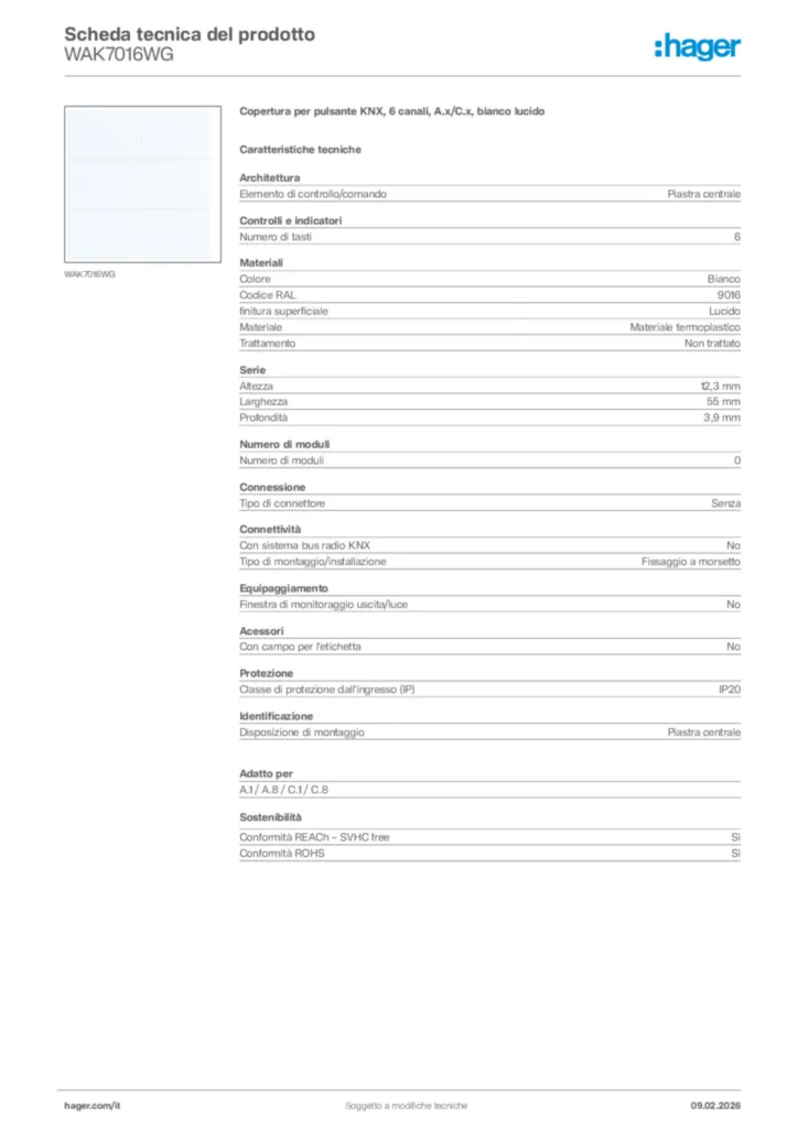 Immagine Hager Scheda tecnica del prodotto WAK7016WG | Hager Italia