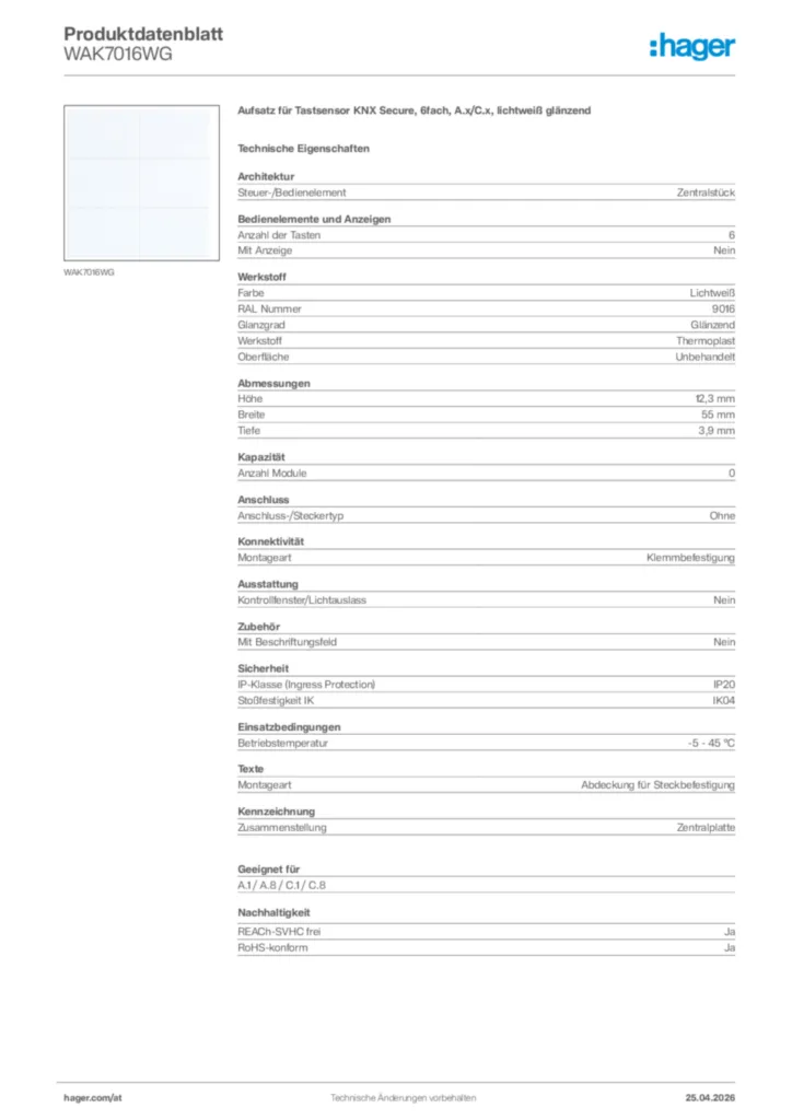 Bild Hager Produktdatenblatt WAK7016WG | Hager Deutschland