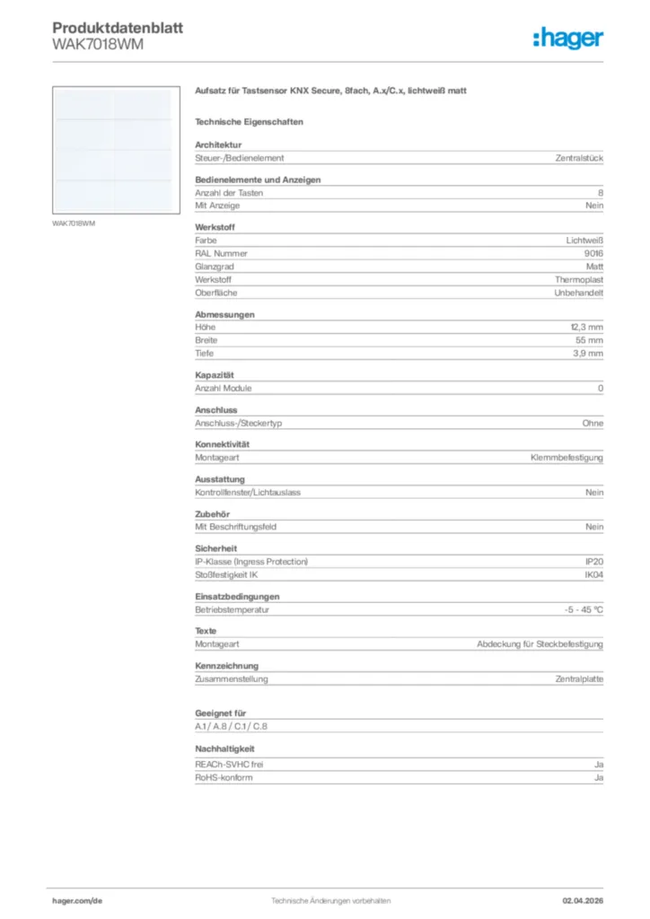 Bild Hager Produktdatenblatt WAK7018WM | Hager Deutschland