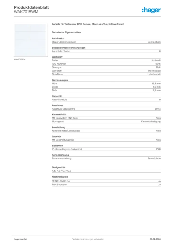 Bild Hager Produktdatenblatt WAK7018WM | Hager Deutschland