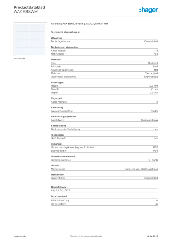 Afbeelding Hager Productdatablad WAK7018WM | Hager Nederland