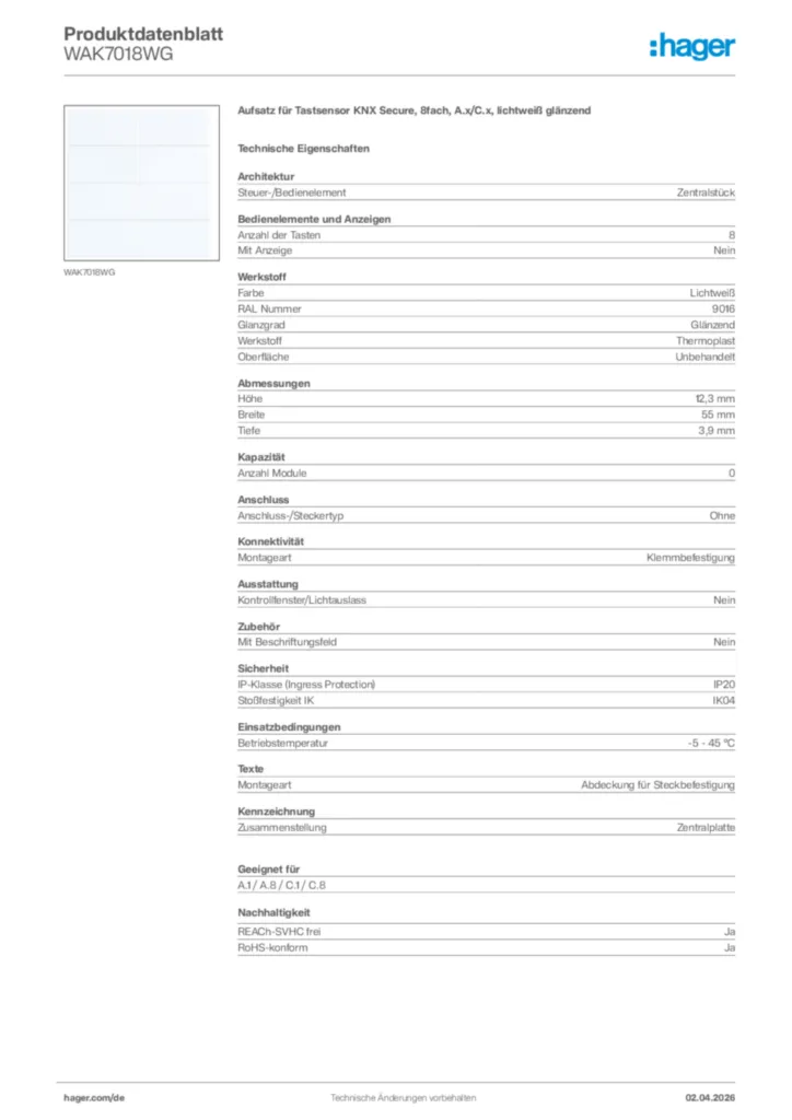 Bild Hager Produktdatenblatt WAK7018WG | Hager Deutschland