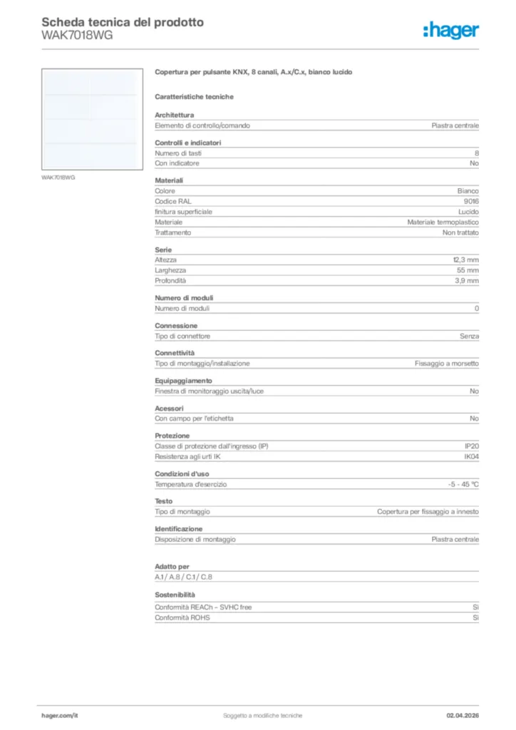 Immagine Hager Scheda tecnica del prodotto WAK7018WG | Hager Italia