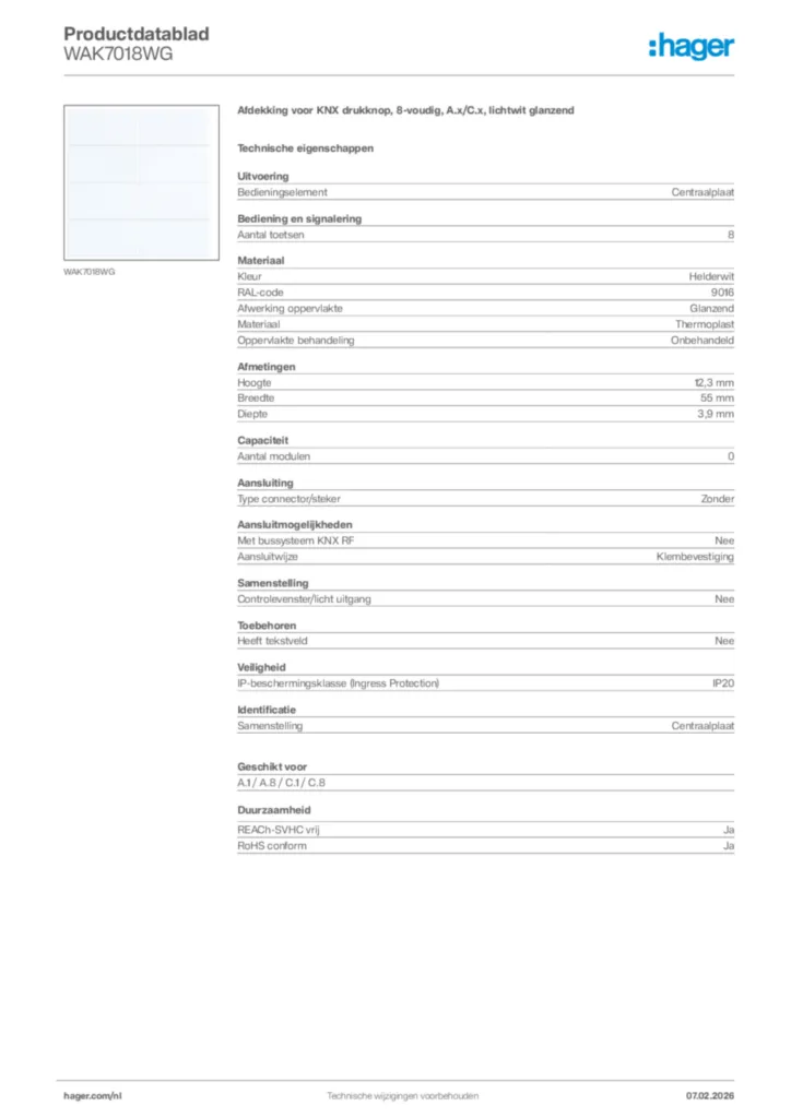 Afbeelding Hager Productdatablad WAK7018WG | Hager Nederland