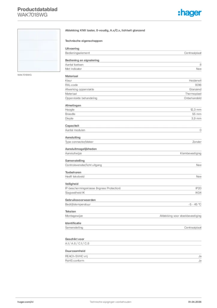 Afbeelding Hager Productdatablad WAK7018WG | Hager Nederland