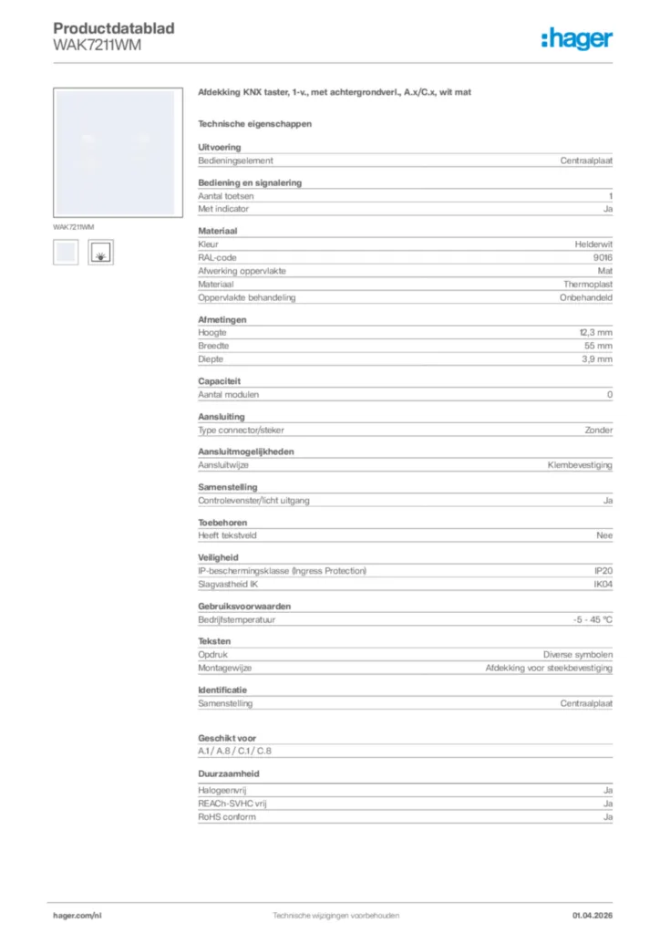 Afbeelding Hager Productdatablad WAK7211WM | Hager Nederland