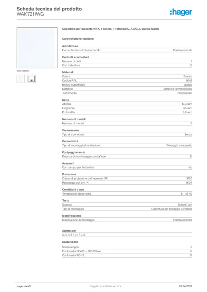 Immagine Hager Scheda tecnica del prodotto WAK7211WG | Hager Italia