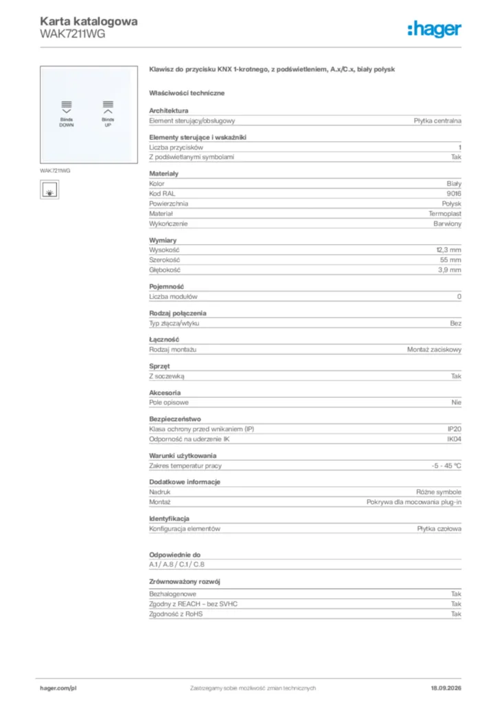 Zdjęcie Hager Karta katalogowa WAK7211WG | Hager Polska