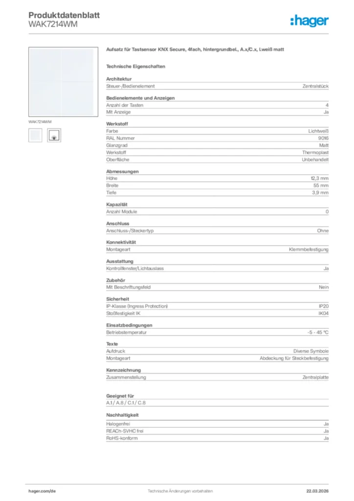 Bild Hager Produktdatenblatt WAK7214WM | Hager Deutschland