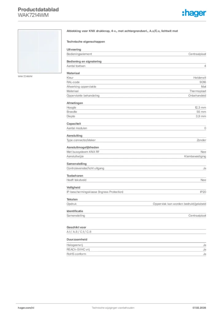 Afbeelding Hager Productdatablad WAK7214WM | Hager Nederland