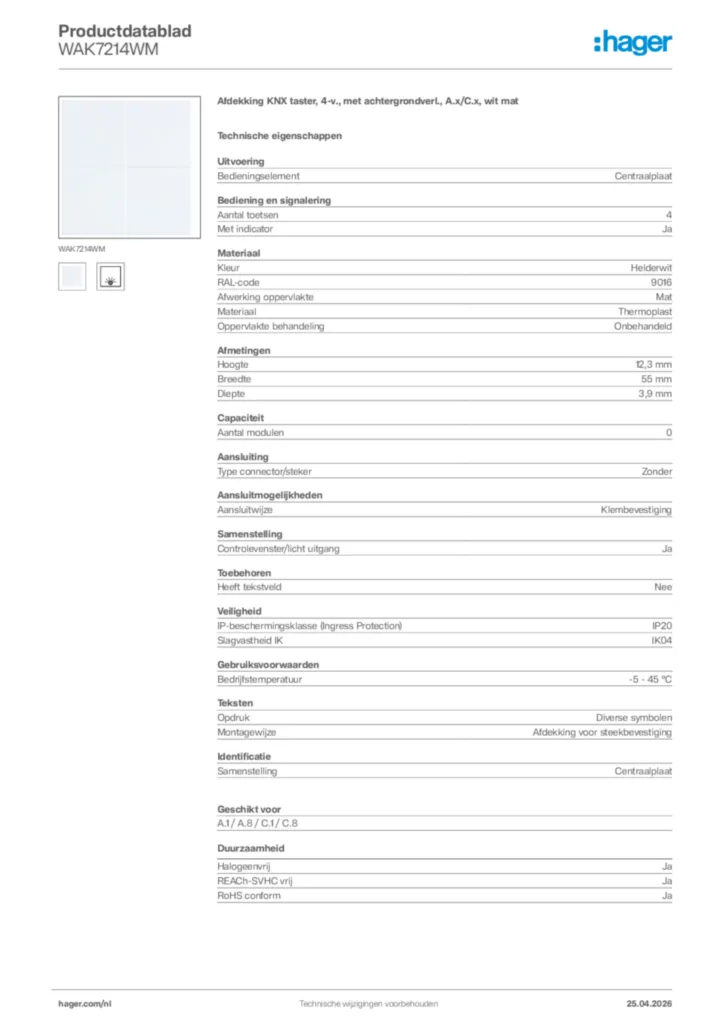 Afbeelding Hager Productdatablad WAK7214WM | Hager Nederland