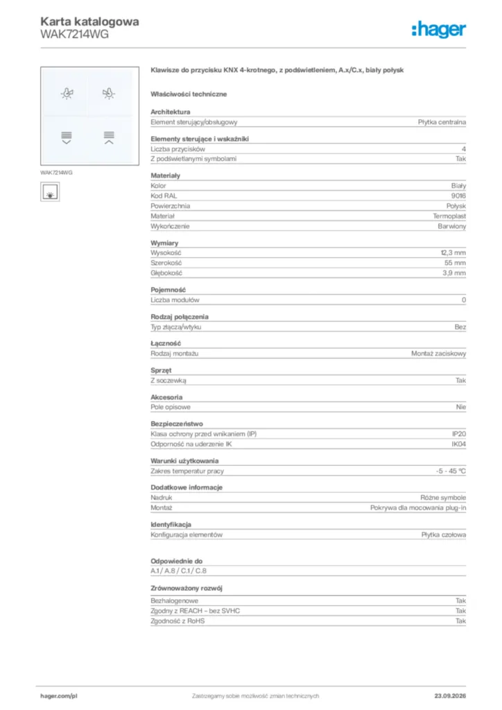 Zdjęcie Hager Karta katalogowa WAK7214WG | Hager Polska