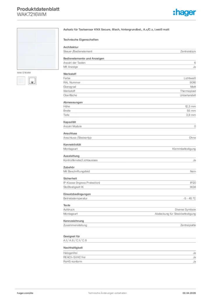 Bild Hager Produktdatenblatt WAK7216WM | Hager Deutschland