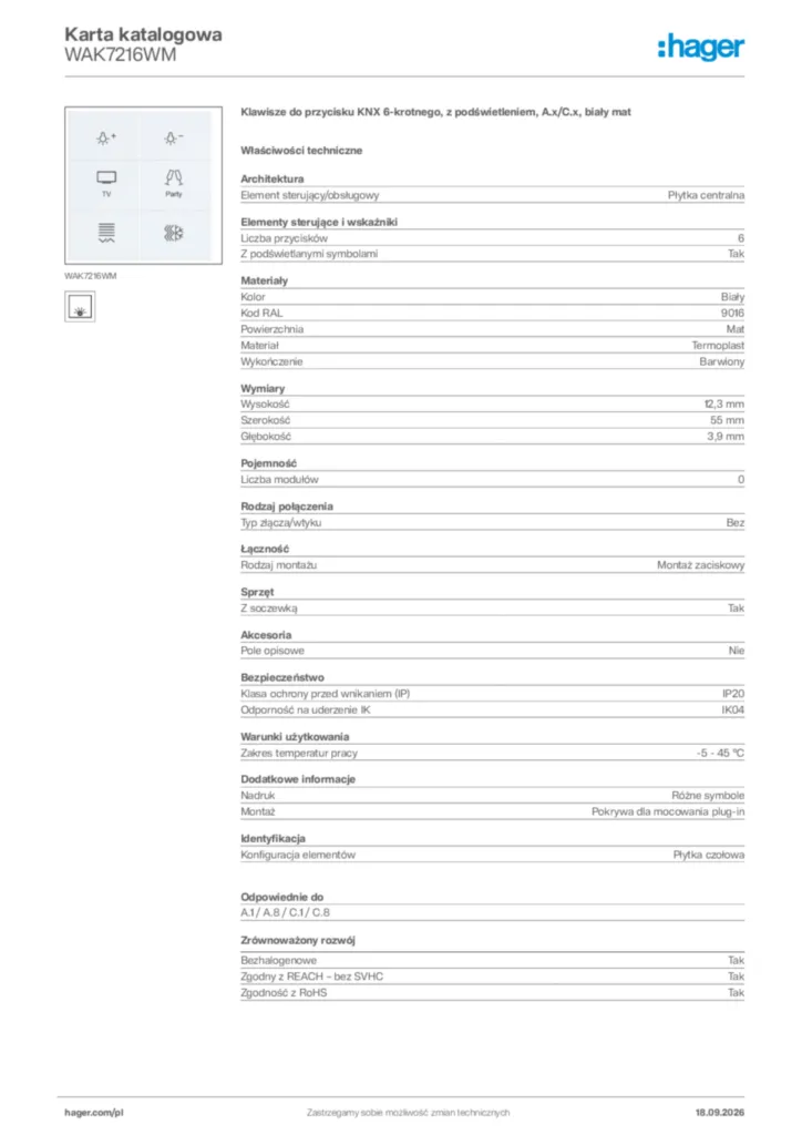 Zdjęcie Hager Karta katalogowa WAK7216WM | Hager Polska