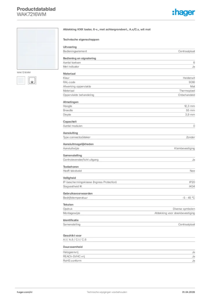 Afbeelding Hager Productdatablad WAK7216WM | Hager Nederland