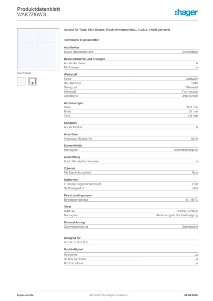 Bild Hager Produktdatenblatt WAK7216WG | Hager Deutschland