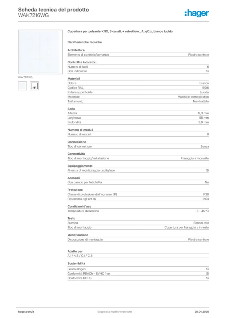 Immagine Hager Scheda tecnica del prodotto WAK7216WG | Hager Italia