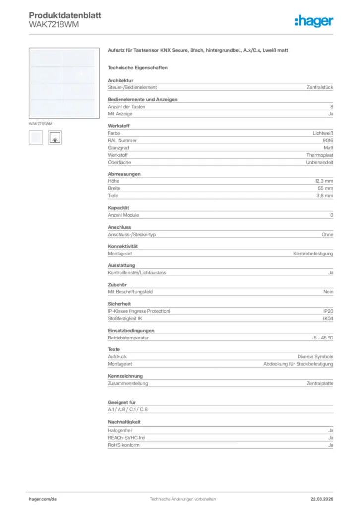 Bild Hager Produktdatenblatt WAK7218WM | Hager Deutschland
