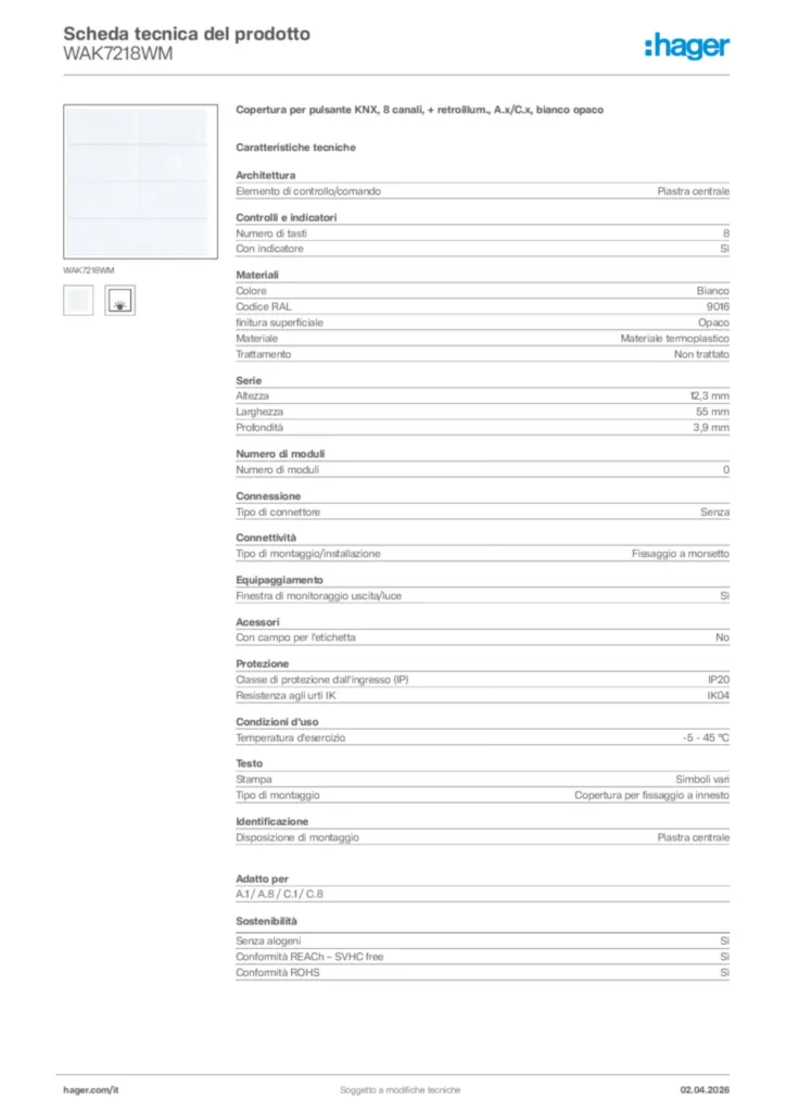 Immagine Hager Scheda tecnica del prodotto WAK7218WM | Hager Italia