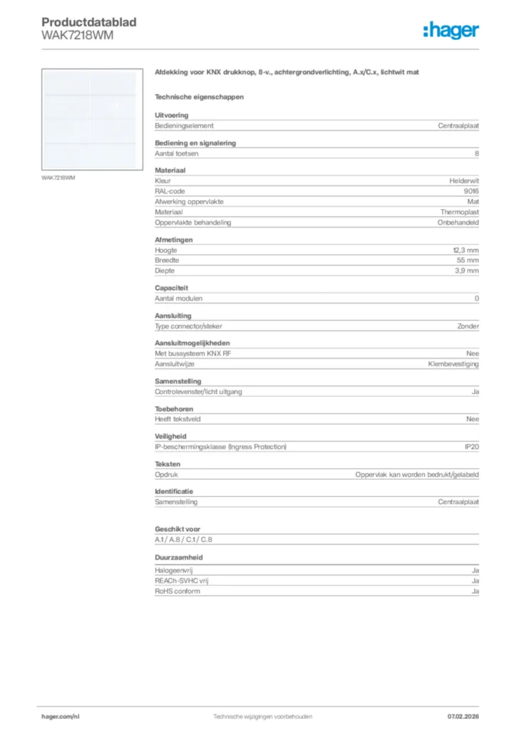 Afbeelding Hager Productdatablad WAK7218WM | Hager Nederland