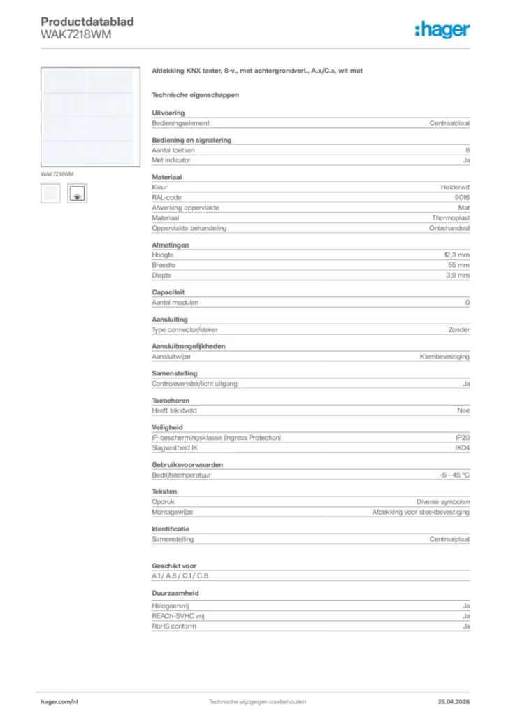 Afbeelding Hager Productdatablad WAK7218WM | Hager Nederland