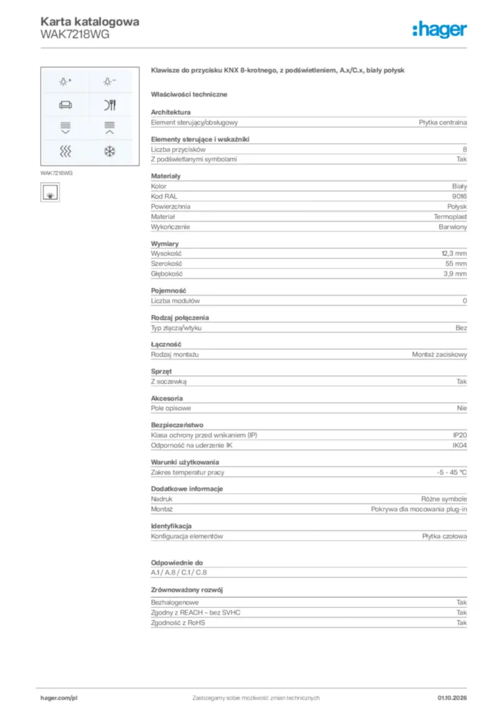 Zdjęcie Hager Karta katalogowa WAK7218WG | Hager Polska