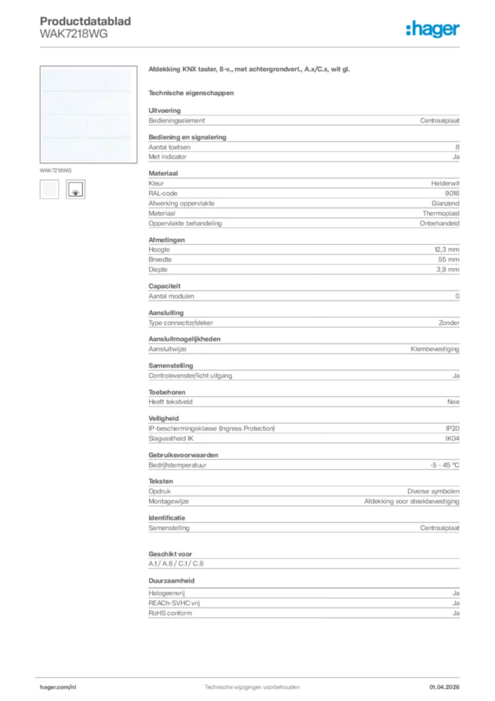 Afbeelding Hager Productdatablad WAK7218WG | Hager Nederland