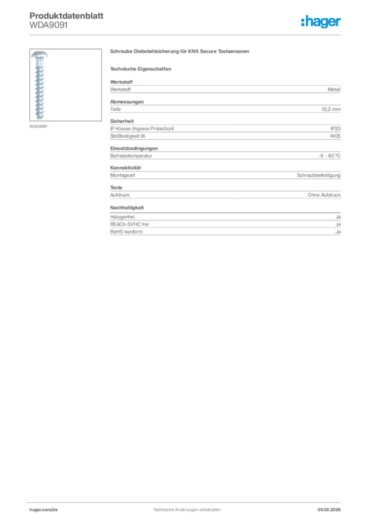 Bild Hager Produktdatenblatt WDA9091 | Hager Deutschland