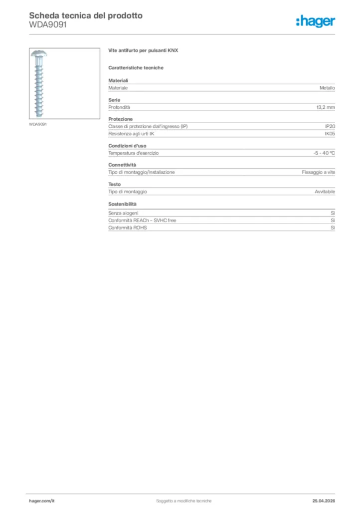 Immagine Hager Scheda tecnica del prodotto WDA9091 | Hager Italia